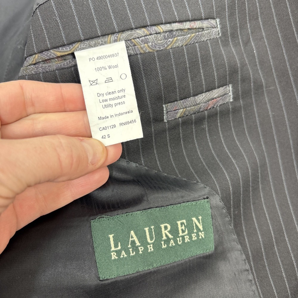 Ralph Lauren Mens Wool Black Pinstripe Blazer Suit Jacket Preppy Classic 42S EUC - Picture 8 of 12